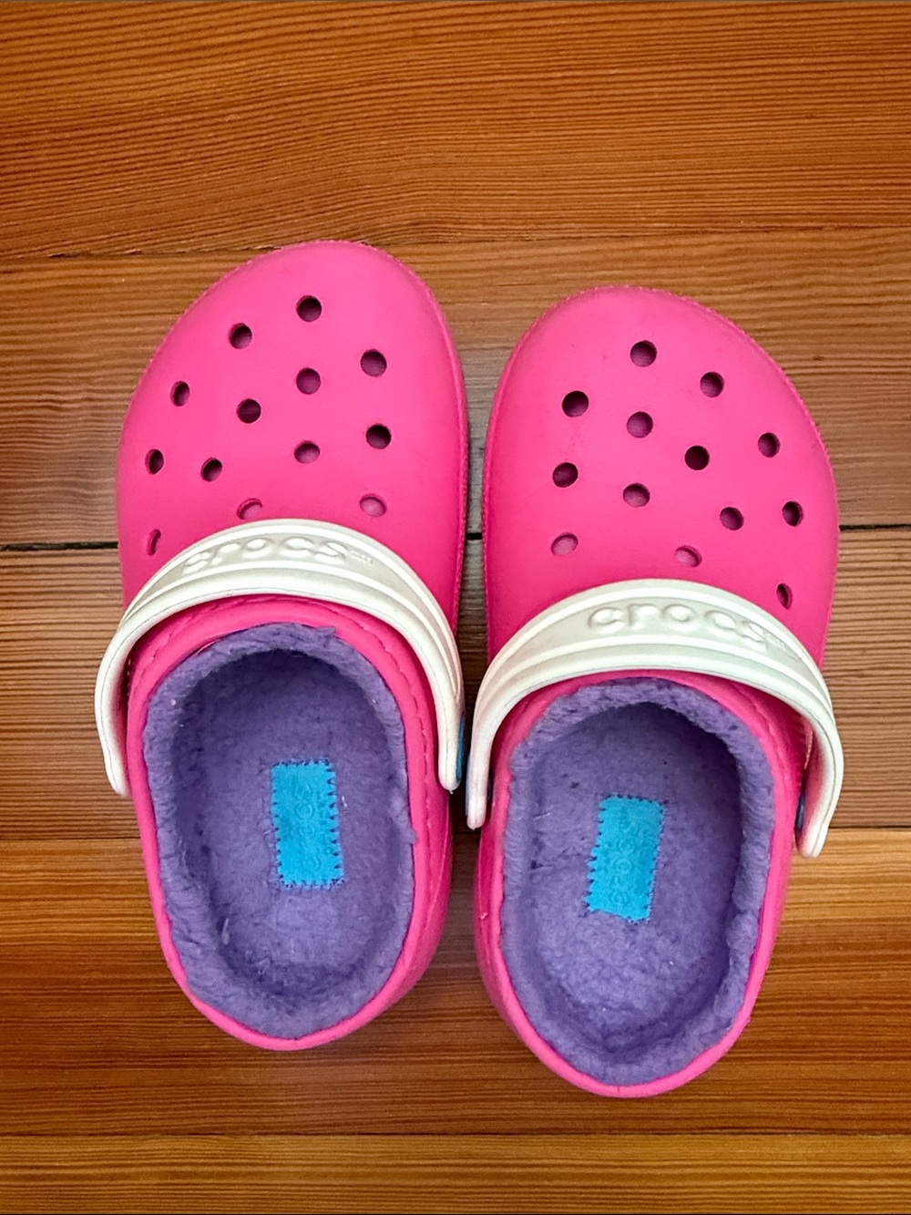 CROCS Kids Hot Pink Clog Sandals with Fuzzy Purple Lining
